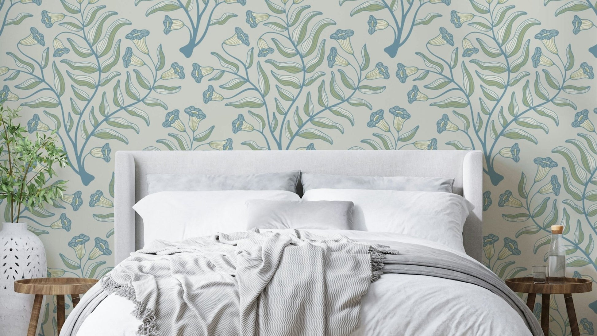 Cottagecore wallpaper in blue, sage green, and gray

