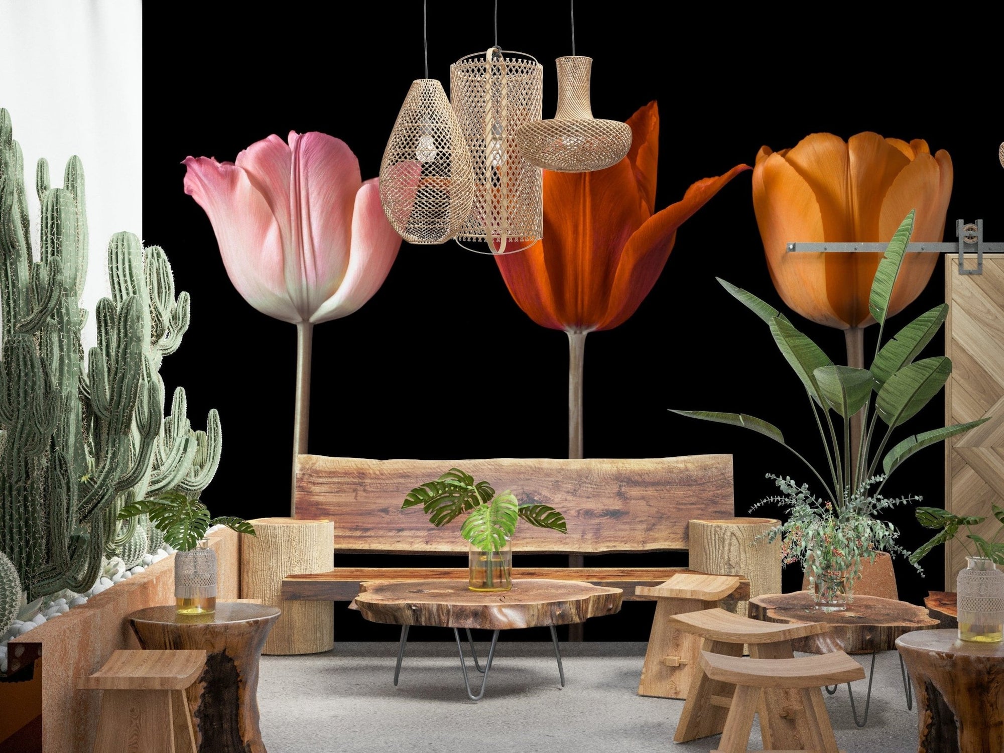Tulip Trio wallpaper mural with pink, red and orange tulips on black behind a cactus garden and wooden bench lounge