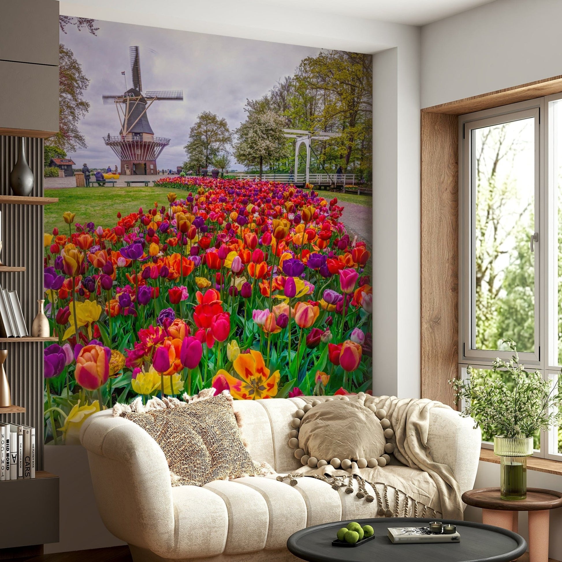 Scenic Tulip Windmill Garden wallpaper bright yellow purple blooms