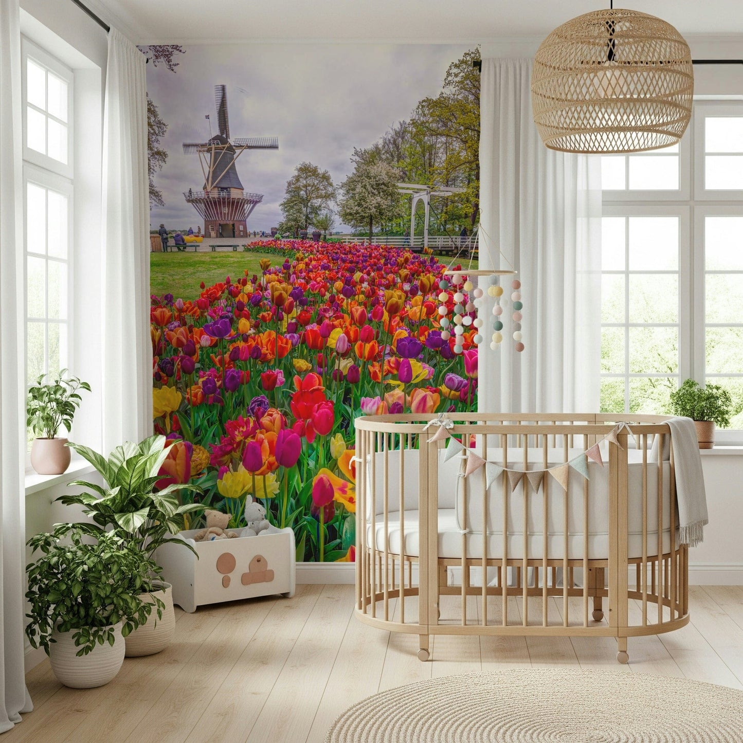 Panoramic wall mural Tulip Windmill Garden gorgeous springtime colors
