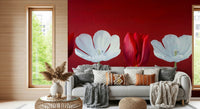 Tulips in a row wallpaper mural showcasing crimson blooms against deep scarlet backdrop.