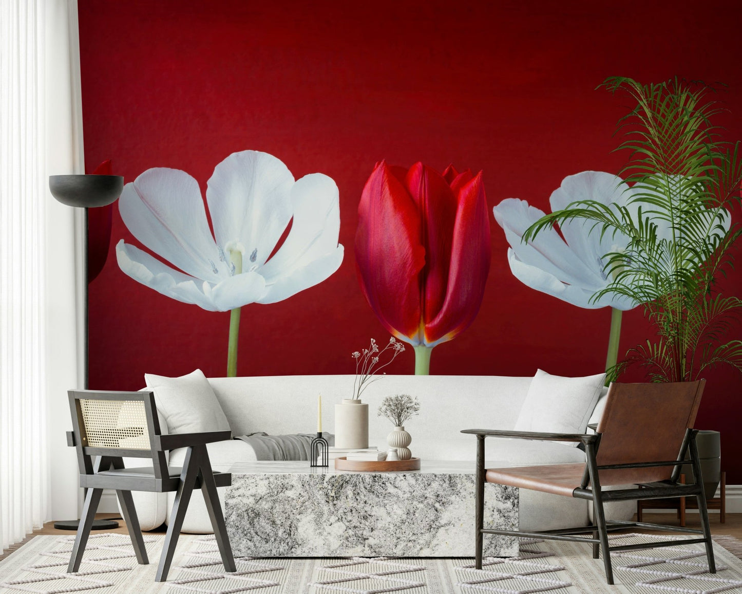 Tulips in a row wall mural displaying elegant green stems and ivory flower petals.