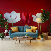 Romantic bedroom interior styled with Tulips in a row wallpaper and bold red hues.