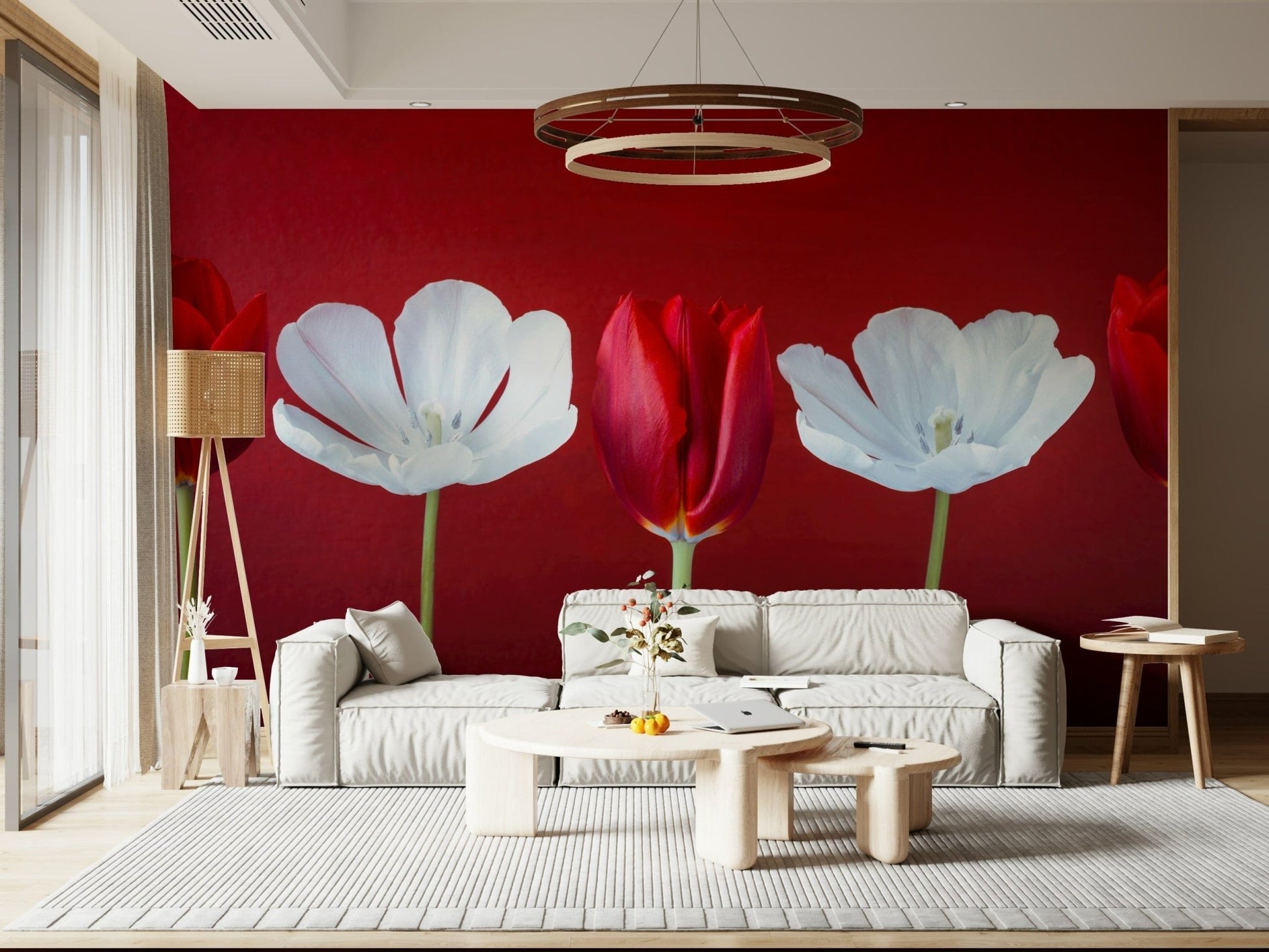 Modern kitchen accent wall featuring Tulips in a row wallpaper mural art.