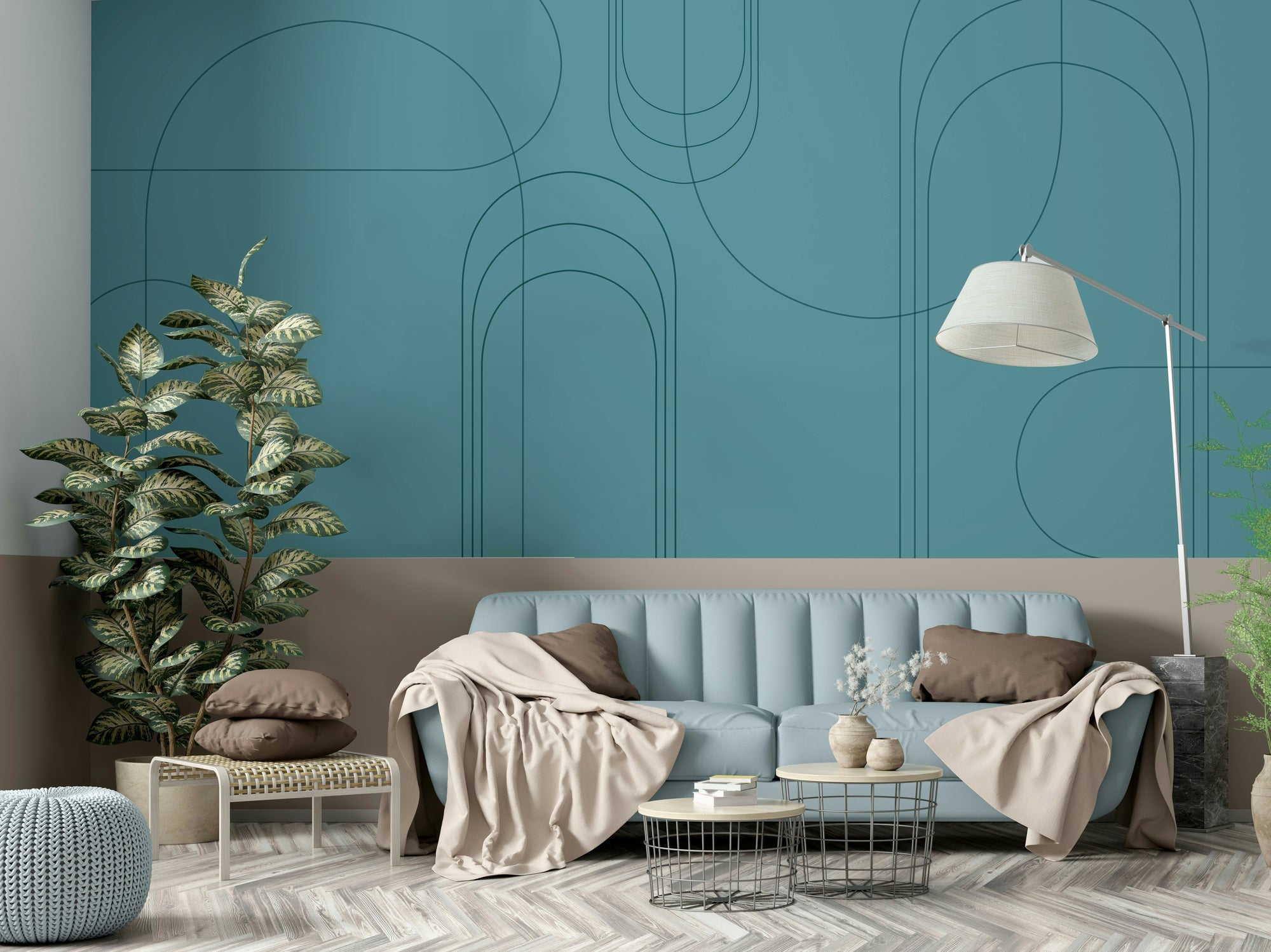 Turquoise Abstract Arches wallpaper mural behind a light-blue sofa with beige throws and a leafy plant in a living room