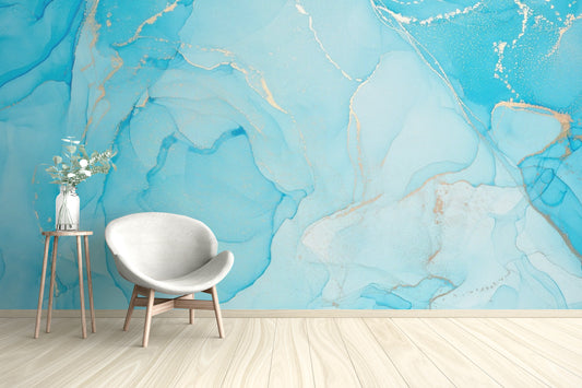 Turquoise Alcohol Art wallpaper mural shown as a full feature wall that highlights the design