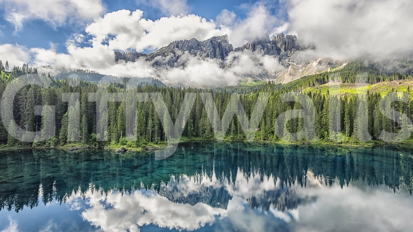 Scenic wall art, clear sky, puffy clouds, unique lake view, Turquoise Dreamscape.