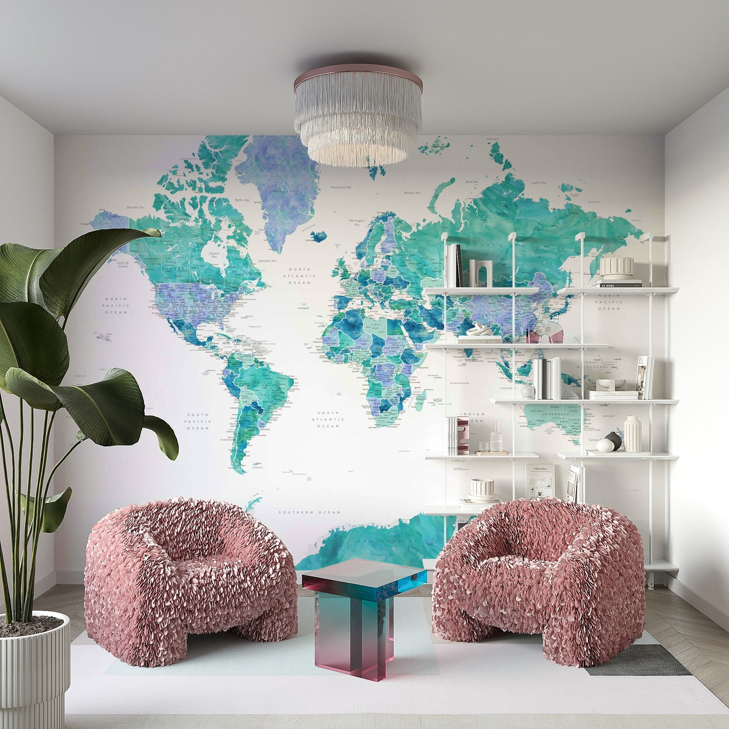 Turquoise and white map wallpaper for home offices

