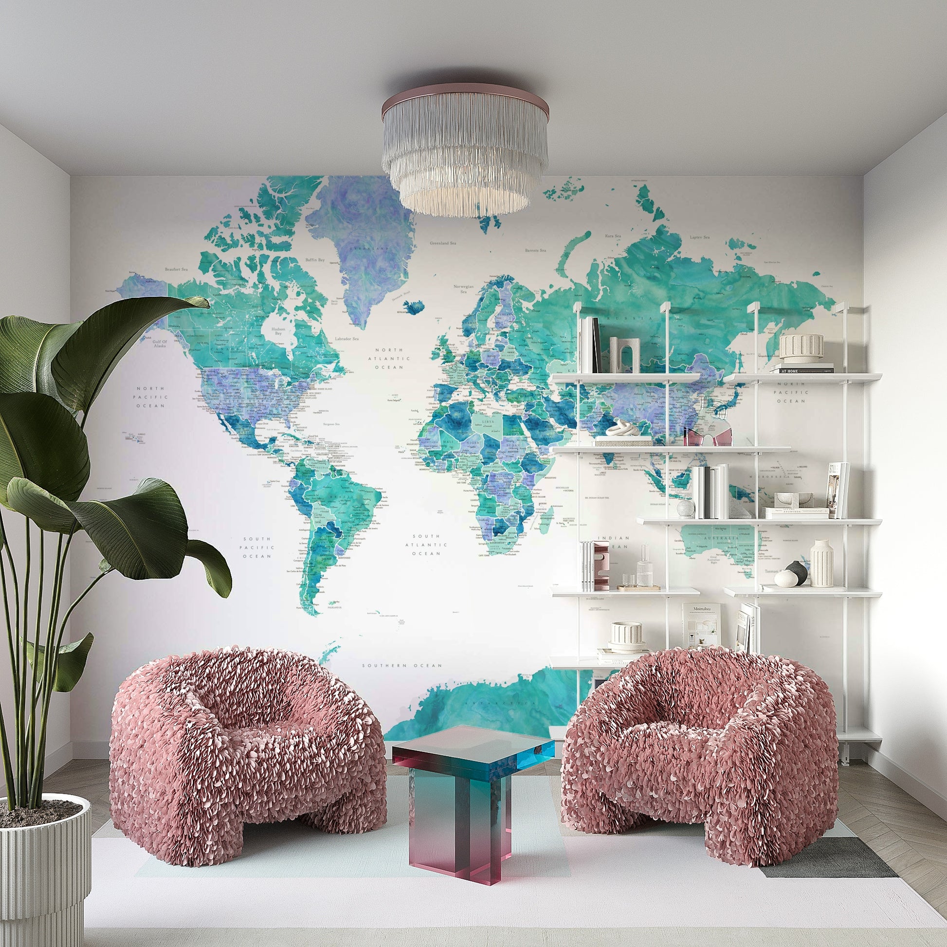 Turquoise and white map wallpaper for home offices

