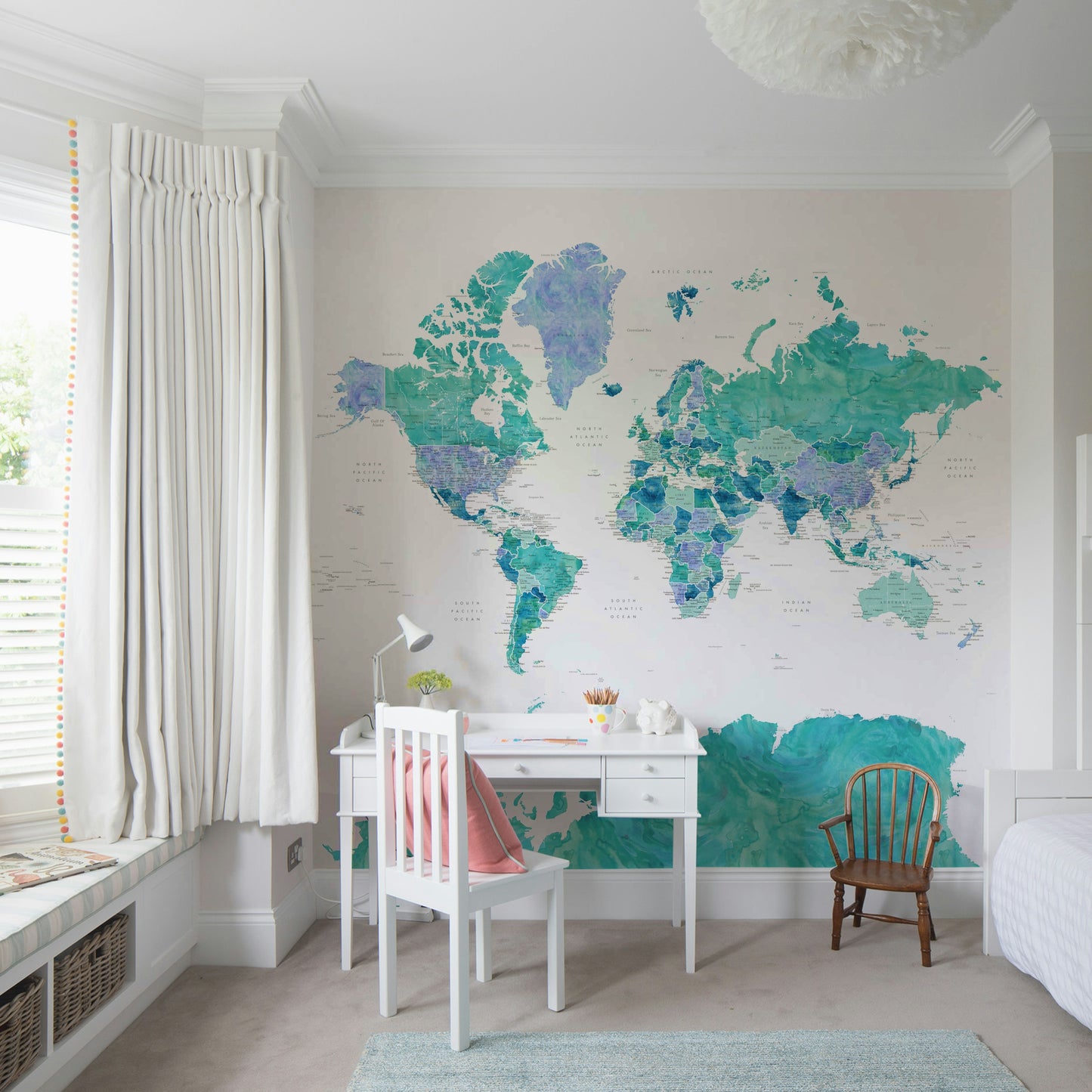 Watercolor-style map mural in cool turquoise tones

