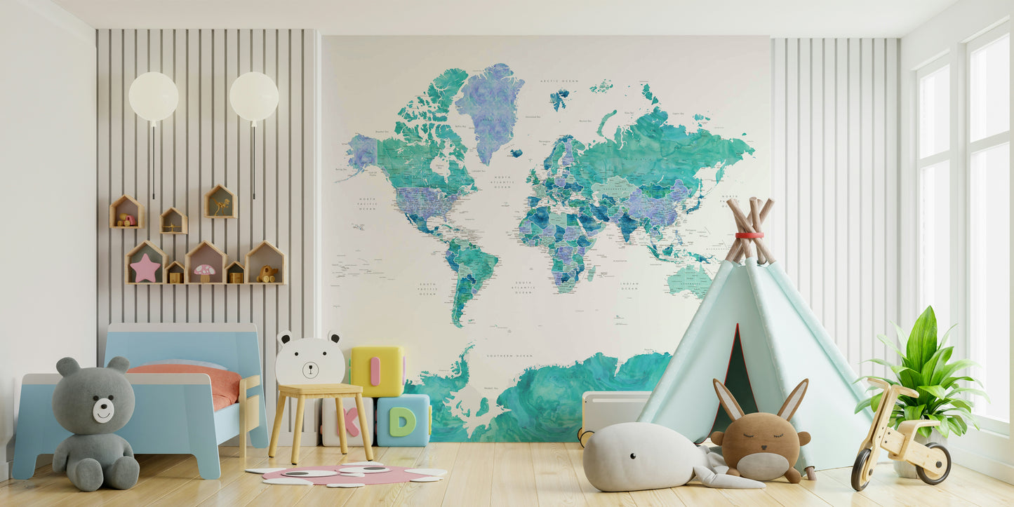 Peel and stick turquoise global map wall décor

