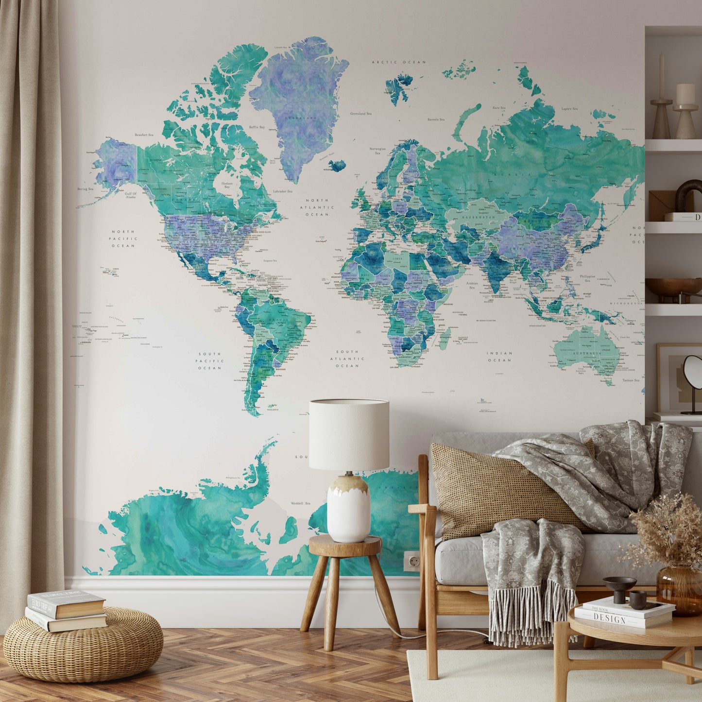 Turquoise watercolor world map wallpaper for modern walls

