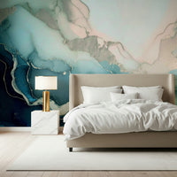 Abstract marble mural blending turquoise hues and mineral veining for a serene, luxurious interior.