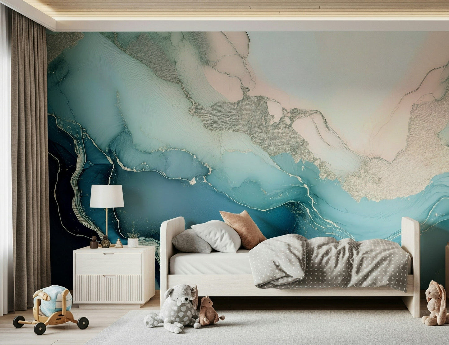 Mystic Mineral Layers Turquoise wall mural featuring rich turquoise mineral patterns with fluid marble textures.
