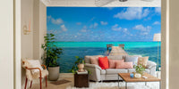 Wall mural with a tranquil turquoise pier.

