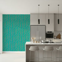 A turquoise wallpaper decorated with repeating vertical vines and outlined multicolored retro leaves.