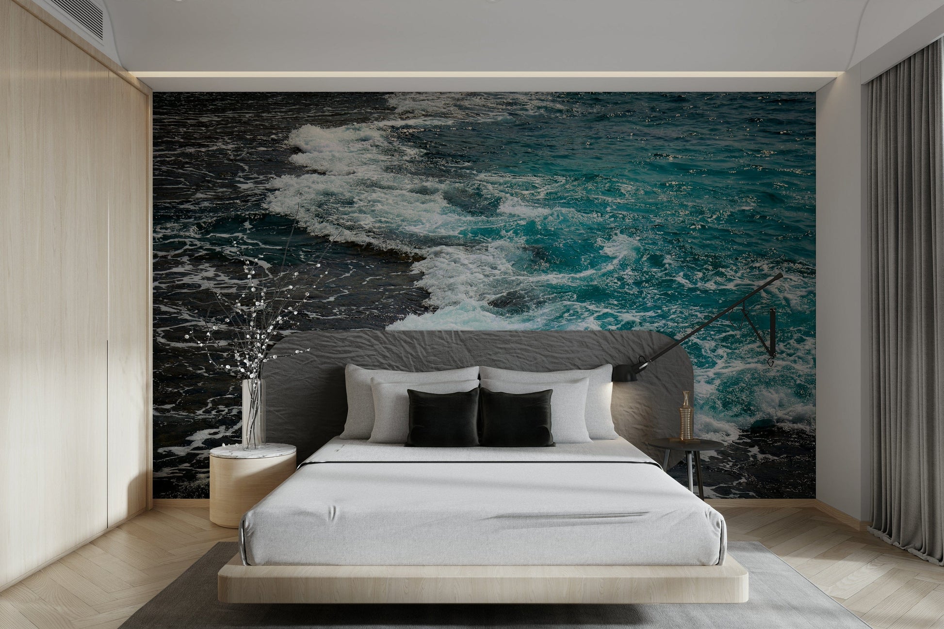 An artistic seaside scene mural on minimalist wallpaper.

