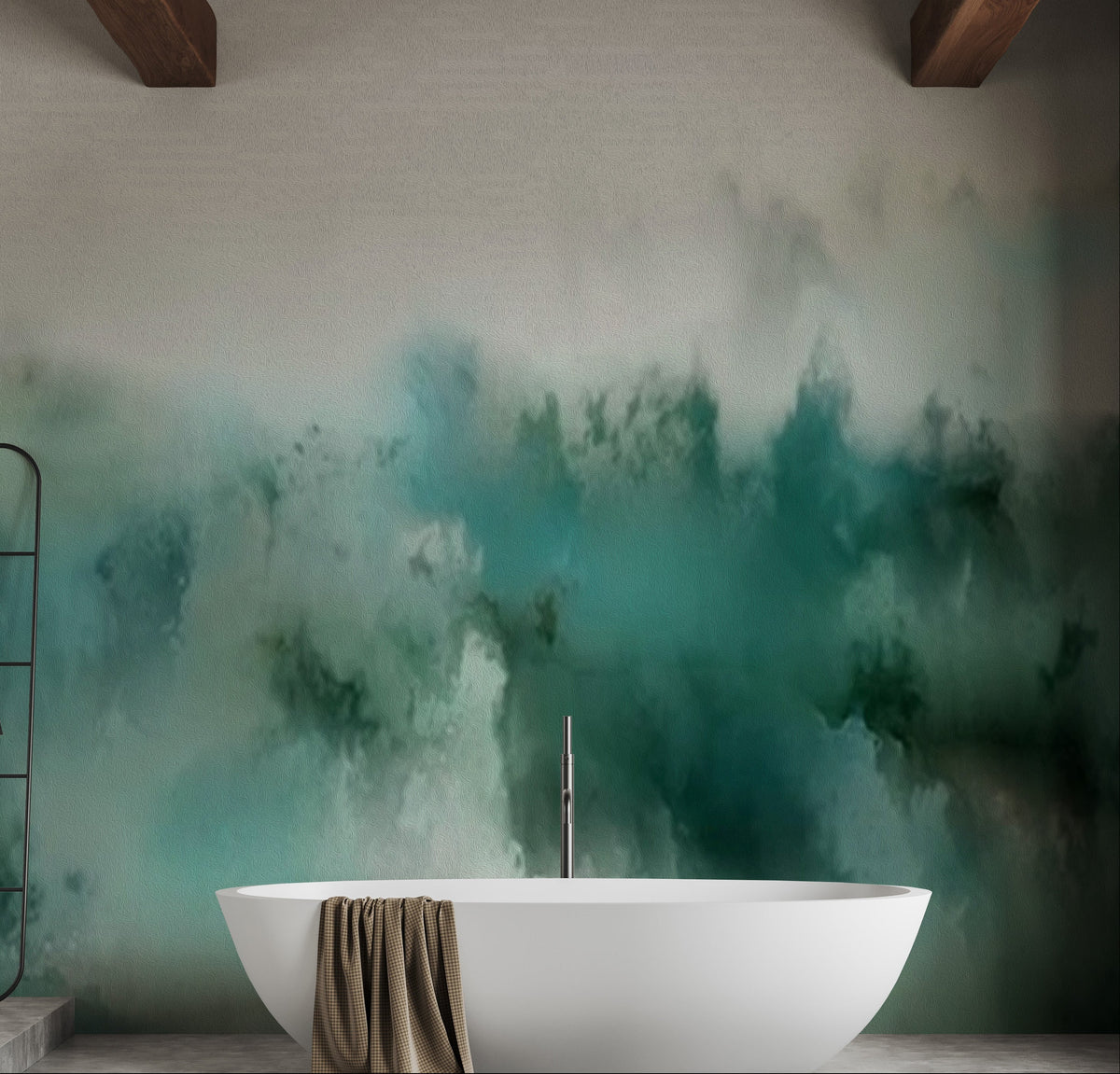 Turquoise Watercolor wallpaper mural shown as a full feature wall that highlights the design