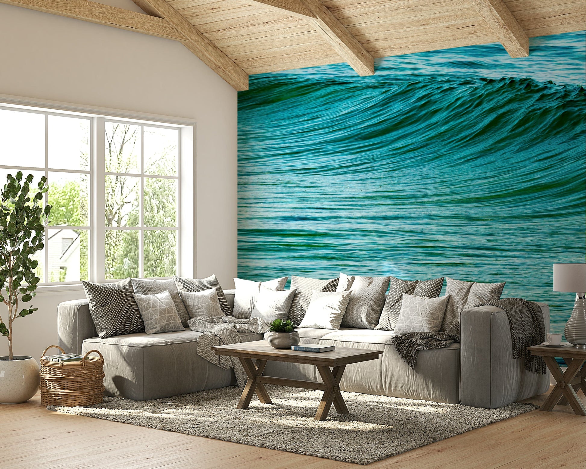 A beautiful abstract ocean wall mural for a living room.

