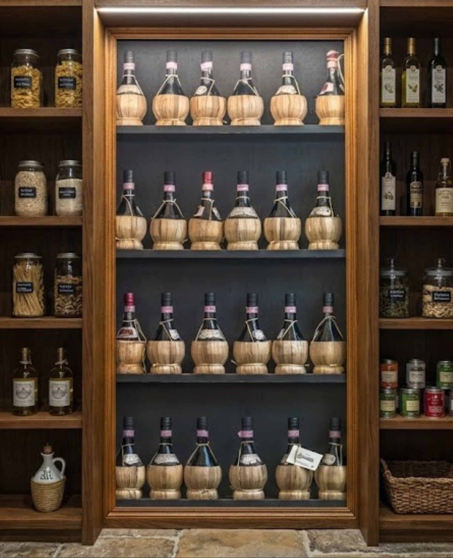 Tuscan Chianti Bottles in Straw Fiaschi Wall Mural for pantry