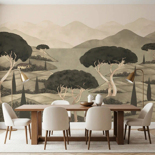 Sepia toned Tuscan Hillside Vista Wall Mural featuring rustic villa for dining room 