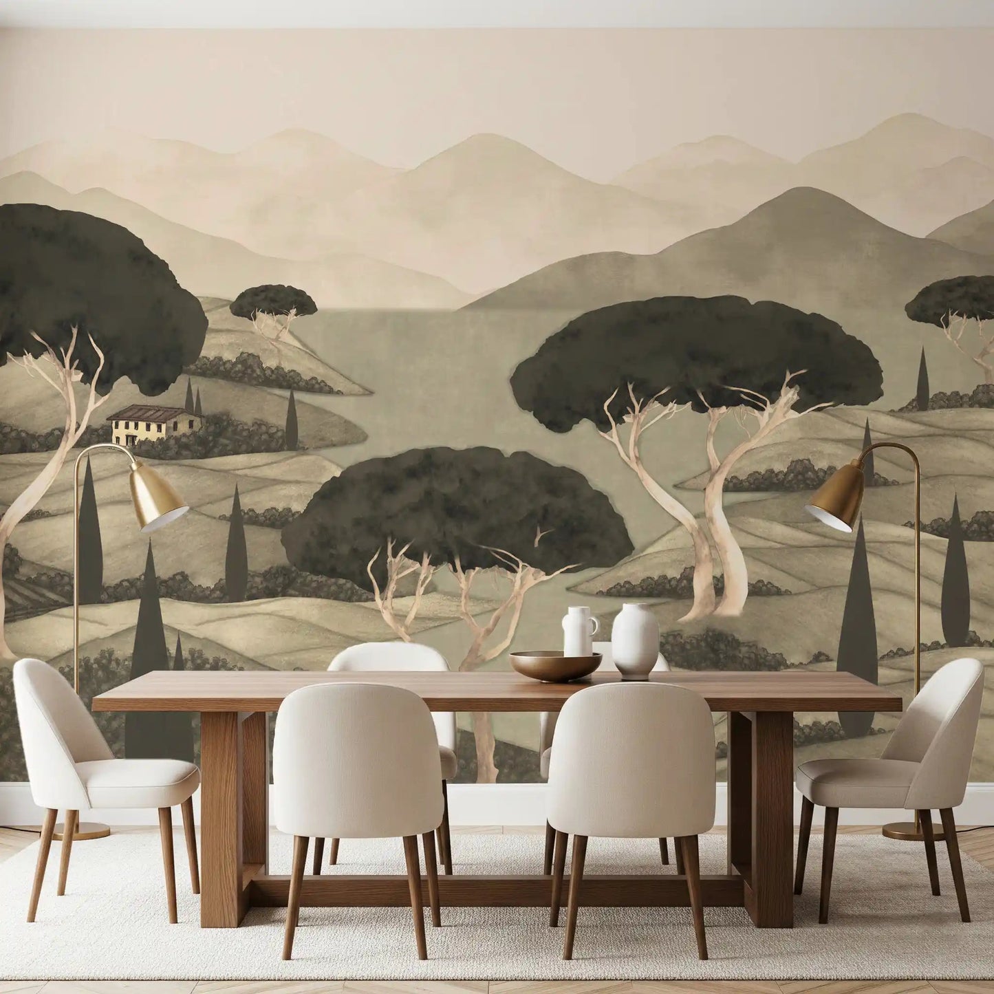 Sepia toned Tuscan Hillside Vista Wall Mural featuring rustic villa for dining room 