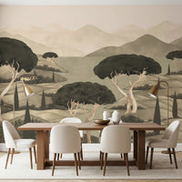 Sepia toned Tuscan Hillside Vista Wall Mural featuring rustic villa for dining room 