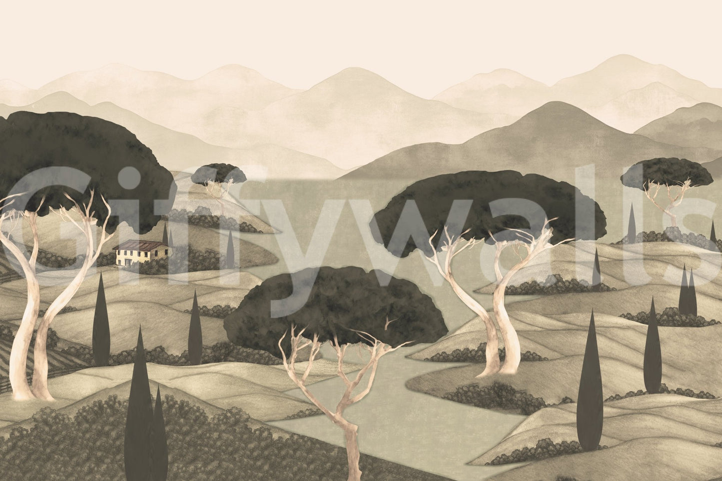 Calm Tuscan Hillside Vista Wall Mural with cream and beige tones