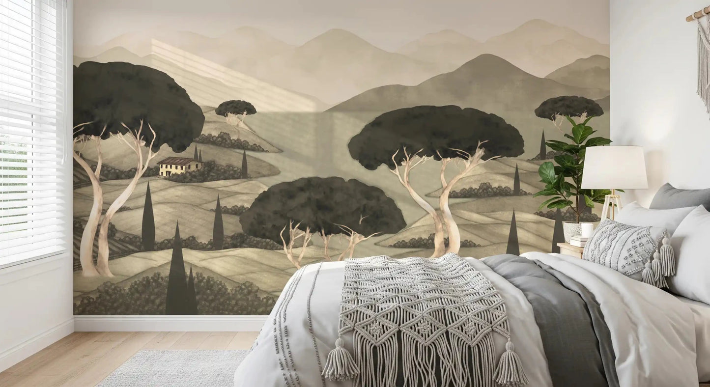 Tuscan Hillside Vista bedroom Wall Mural with cypress trees and rolling hills