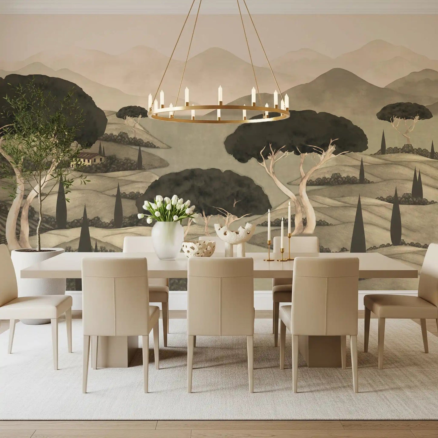 Vintage style dining area Tuscan Hillside Vista Wall Mural showcasing Italian countryside