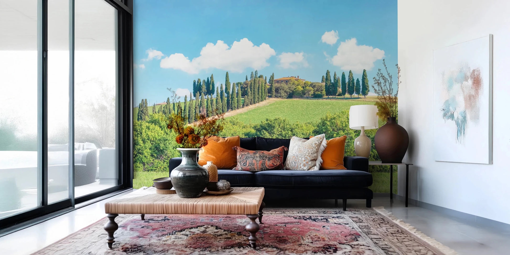Rolling green hills wall mural with villas