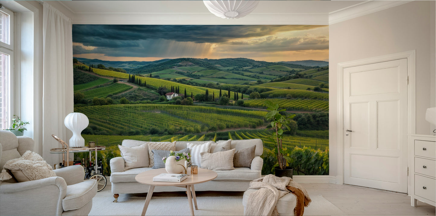 Vineyard with hills and trees mural

