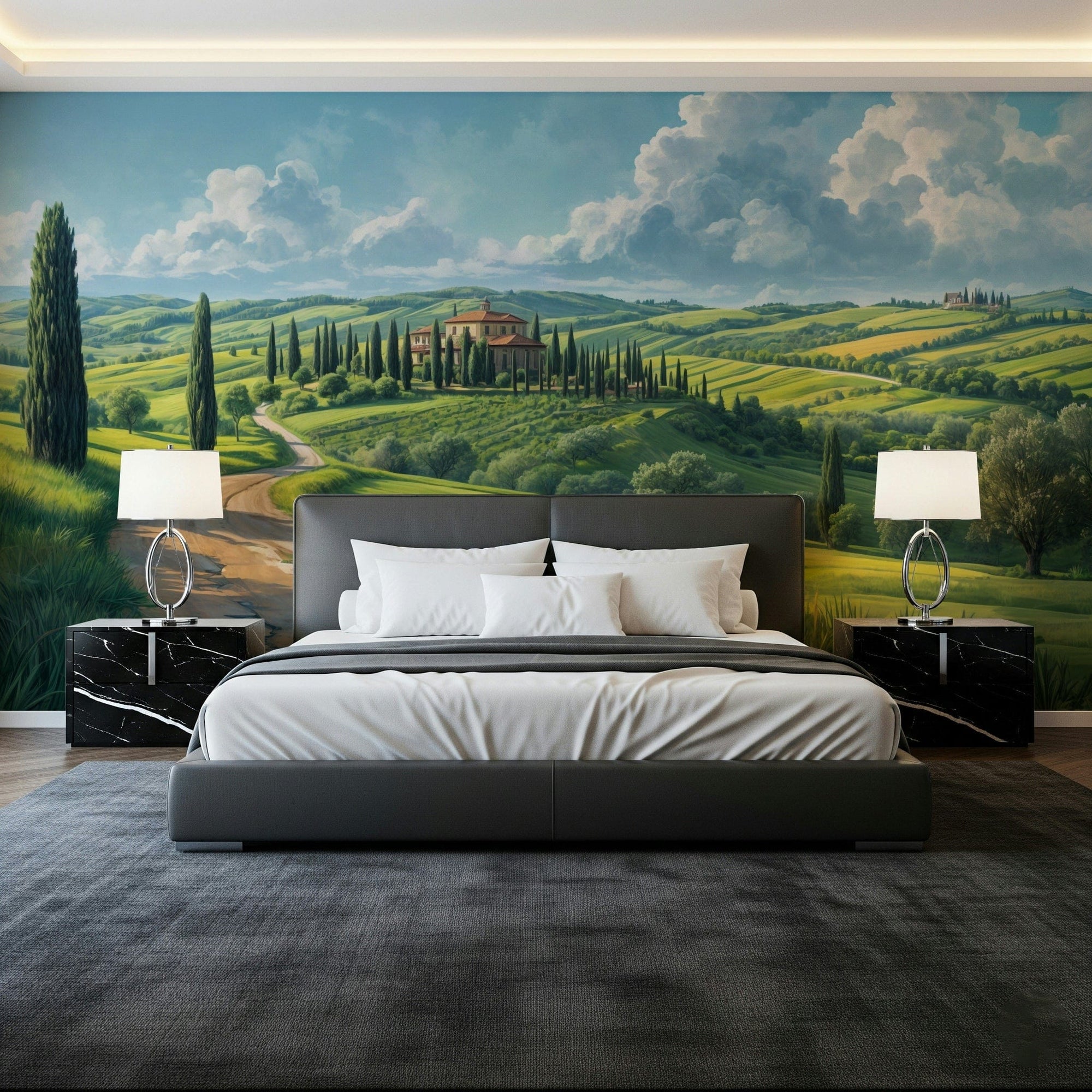 Tuscan Vista wallpaper mural with a hilltop villa and cypress trees behind a dark gray bed in a modern bedroom
