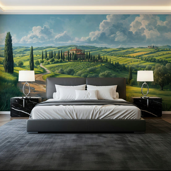Tuscan Vista wallpaper mural with a hilltop villa and cypress trees behind a dark gray bed in a modern bedroom
