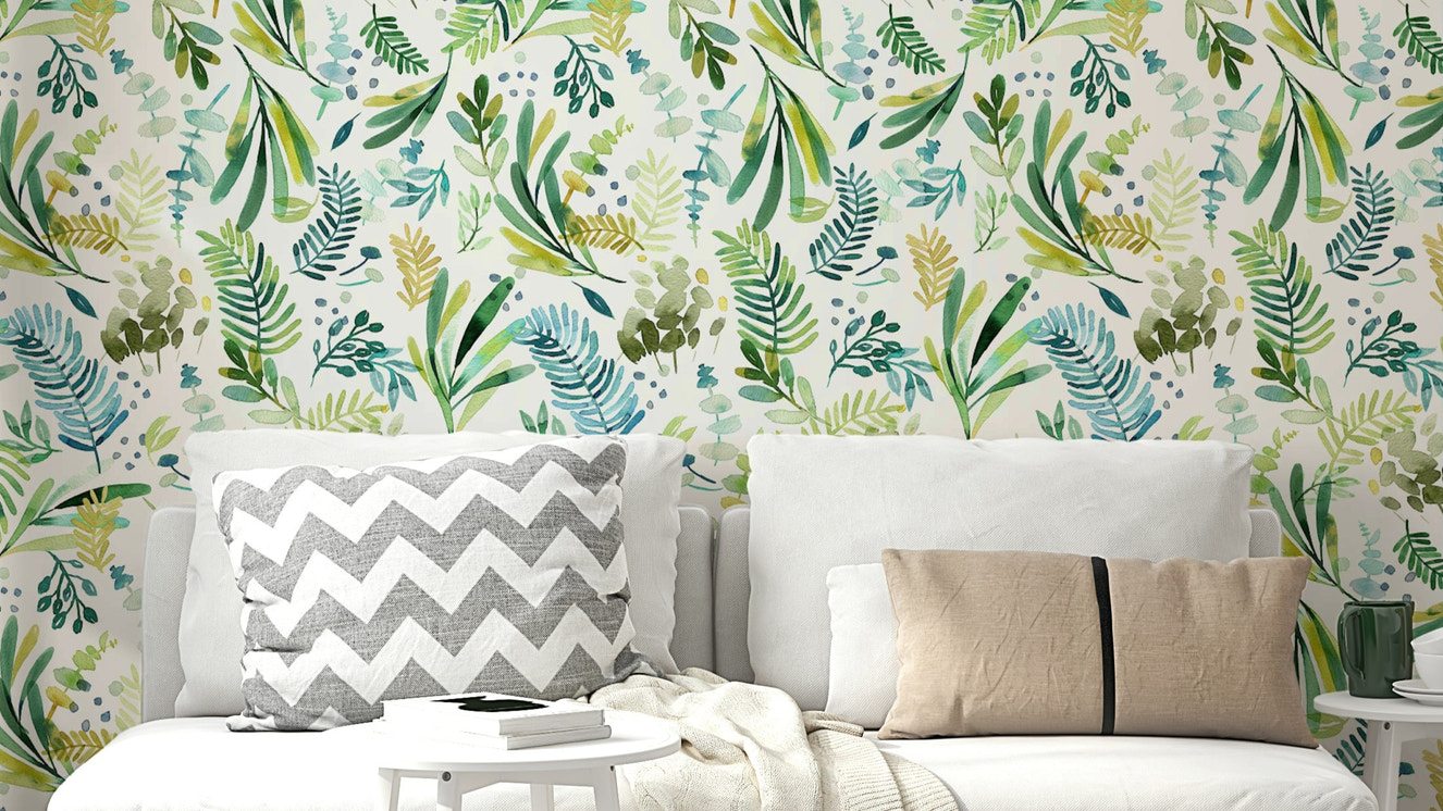 Tuscany Olive Leaf Nature Green Wallpaper with soft painted leaves.

