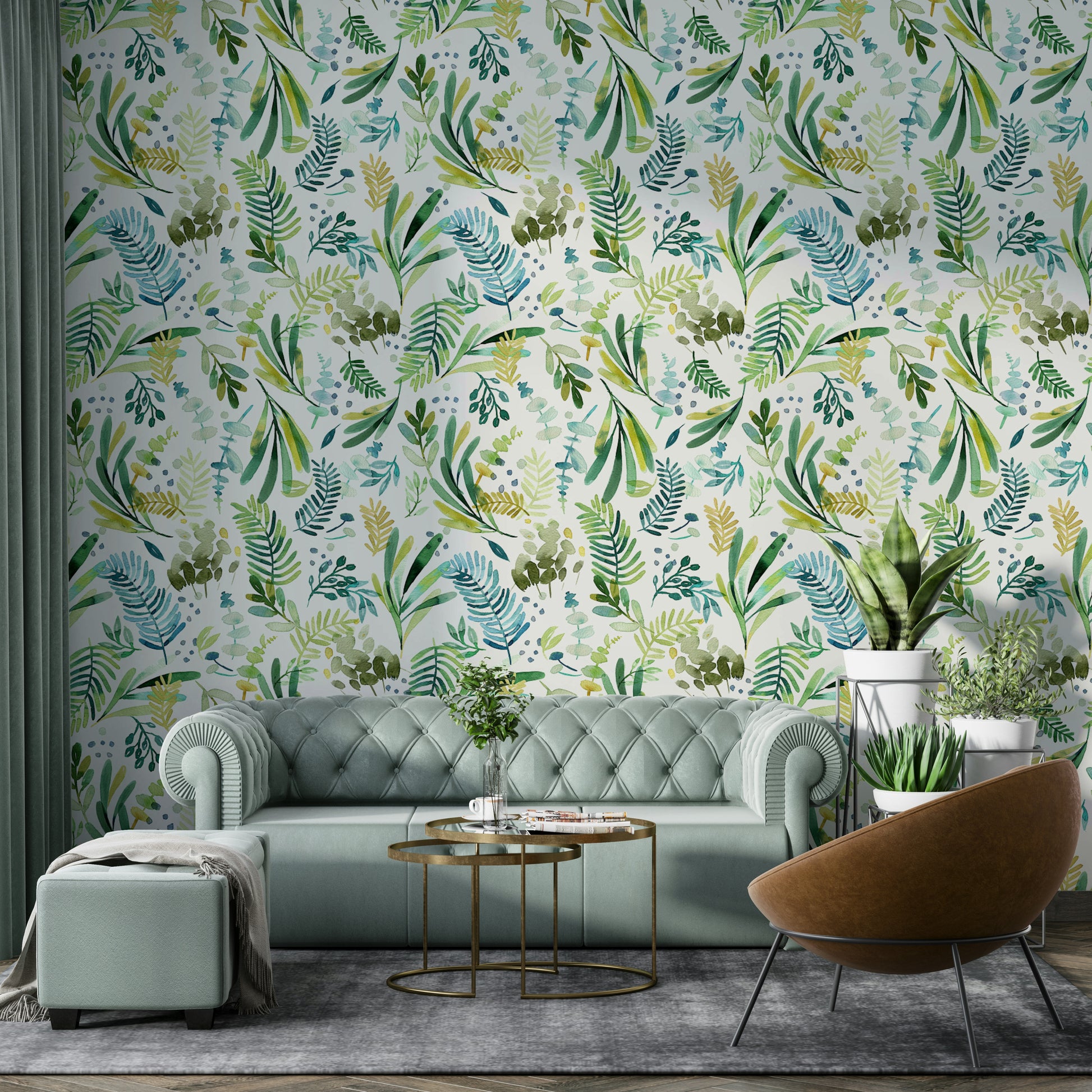 Botanical wallpaper featuring olive branches in gentle green hues.

