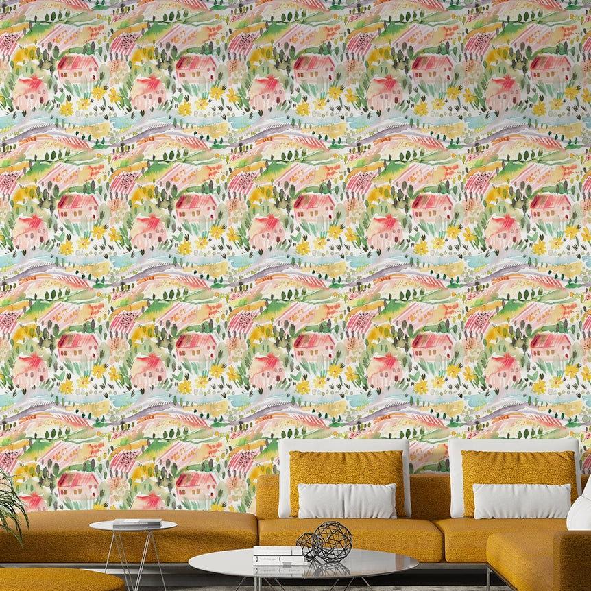 Watercolor mural of Tuscany’s vineyards and hills

