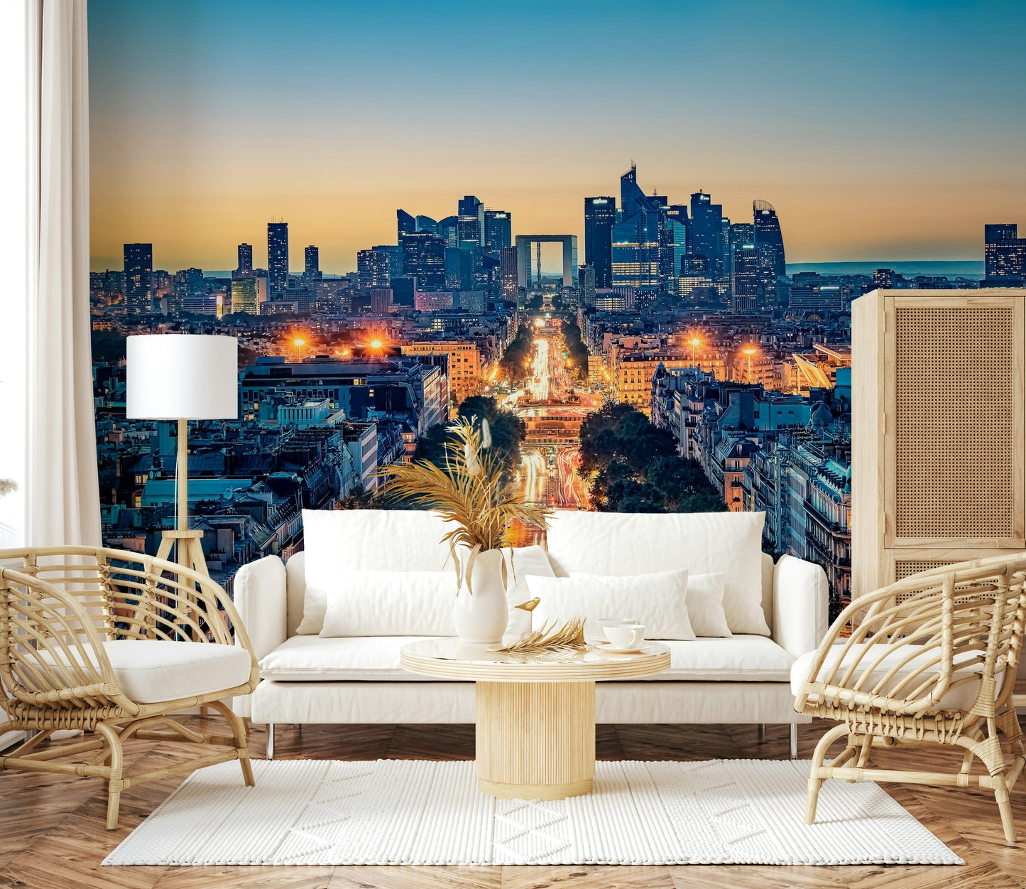 Wide angle architectural wallpaper, Twilight Metropolis office decoration.