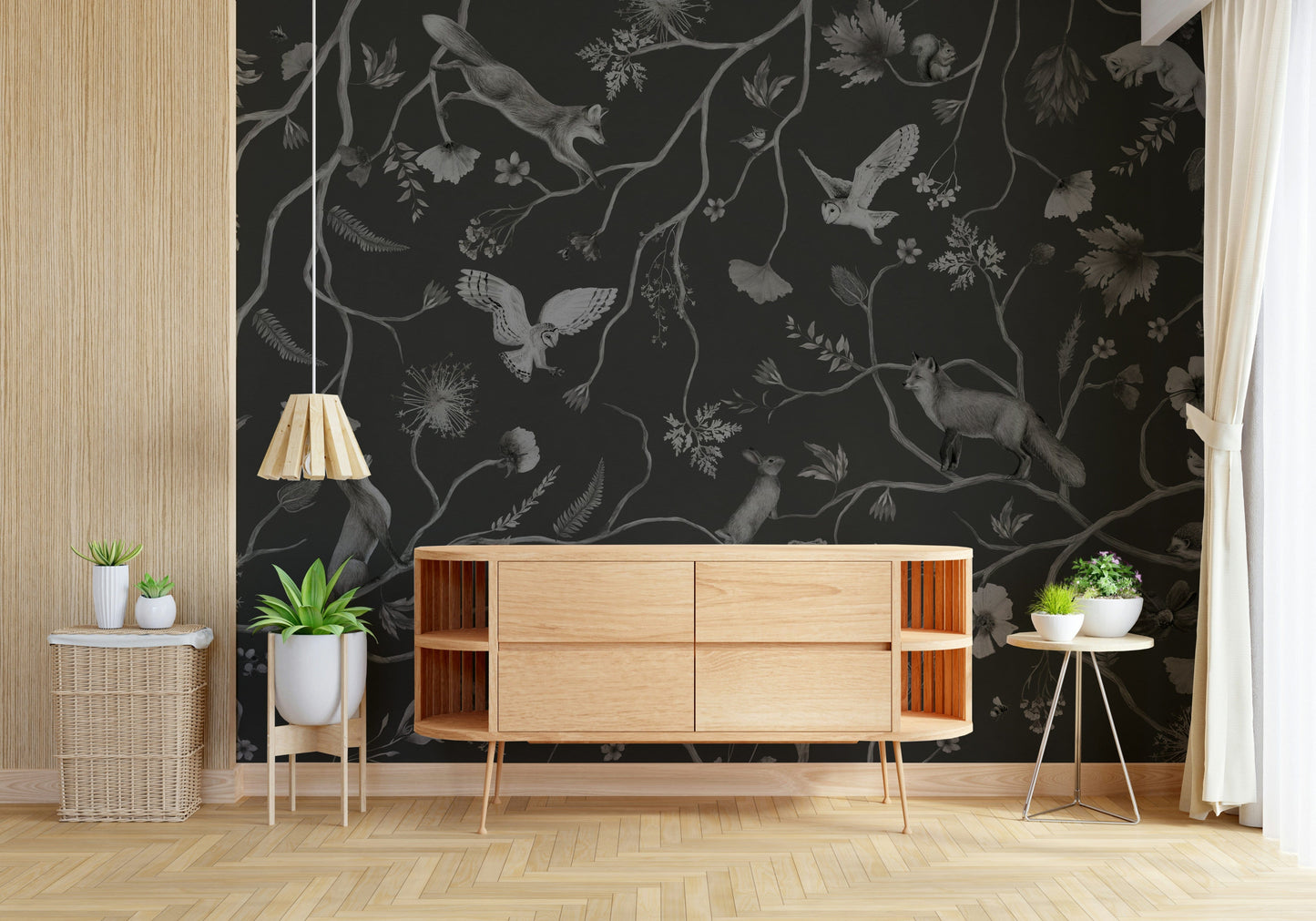 Decorative wall covering featuring a tranquil grove in warm twilight tones