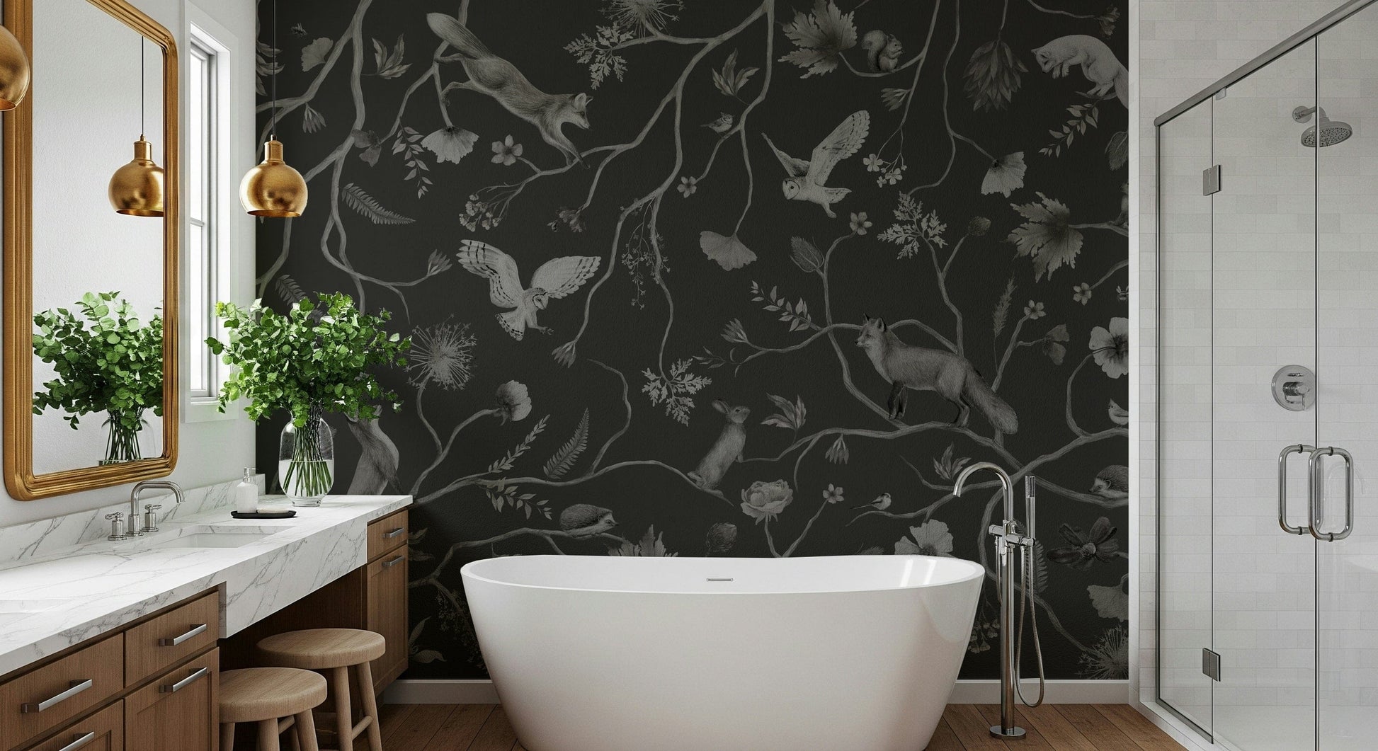 Nature-inspired mural of trees and foliage bathed in twilight hues