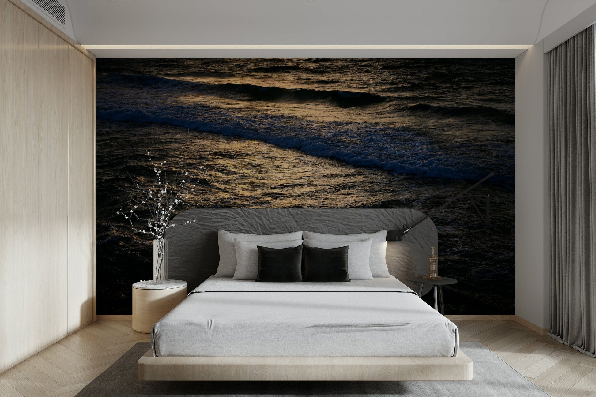 The wallpaper is used as a feature wall in a bedroom.

