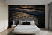 The wallpaper is used as a feature wall in a bedroom.

