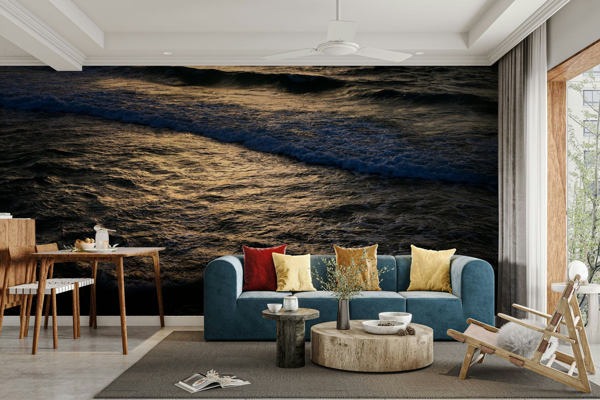 A living room featuring the coastal wall mural.

