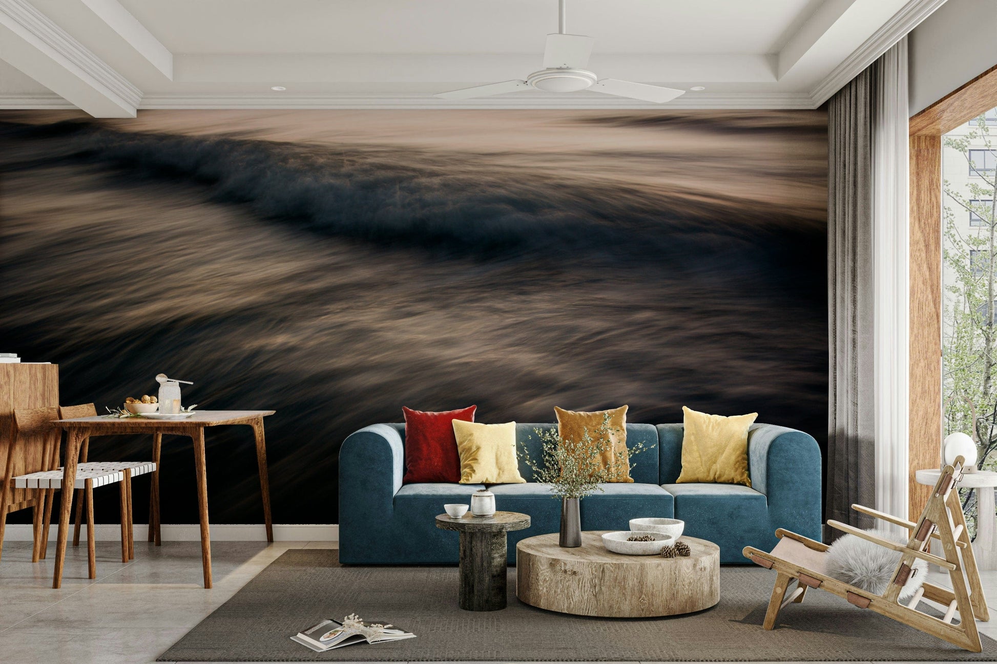 An artistic abstract dusk mural on minimalist wallpaper.

