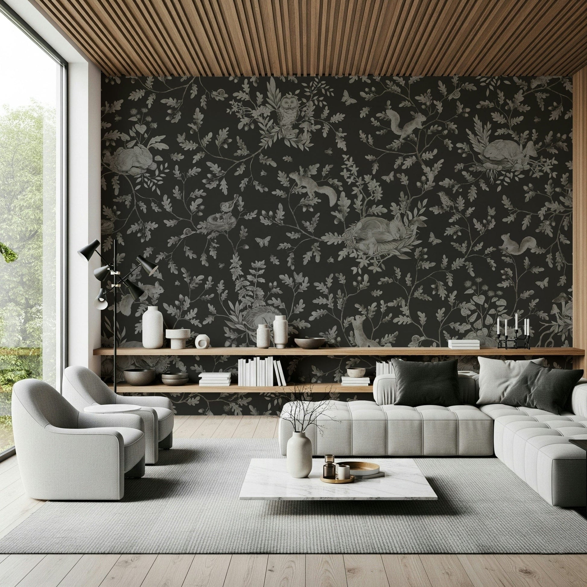 Atmospheric wall mural depicting a forest at dusk with gentle, moody tones.