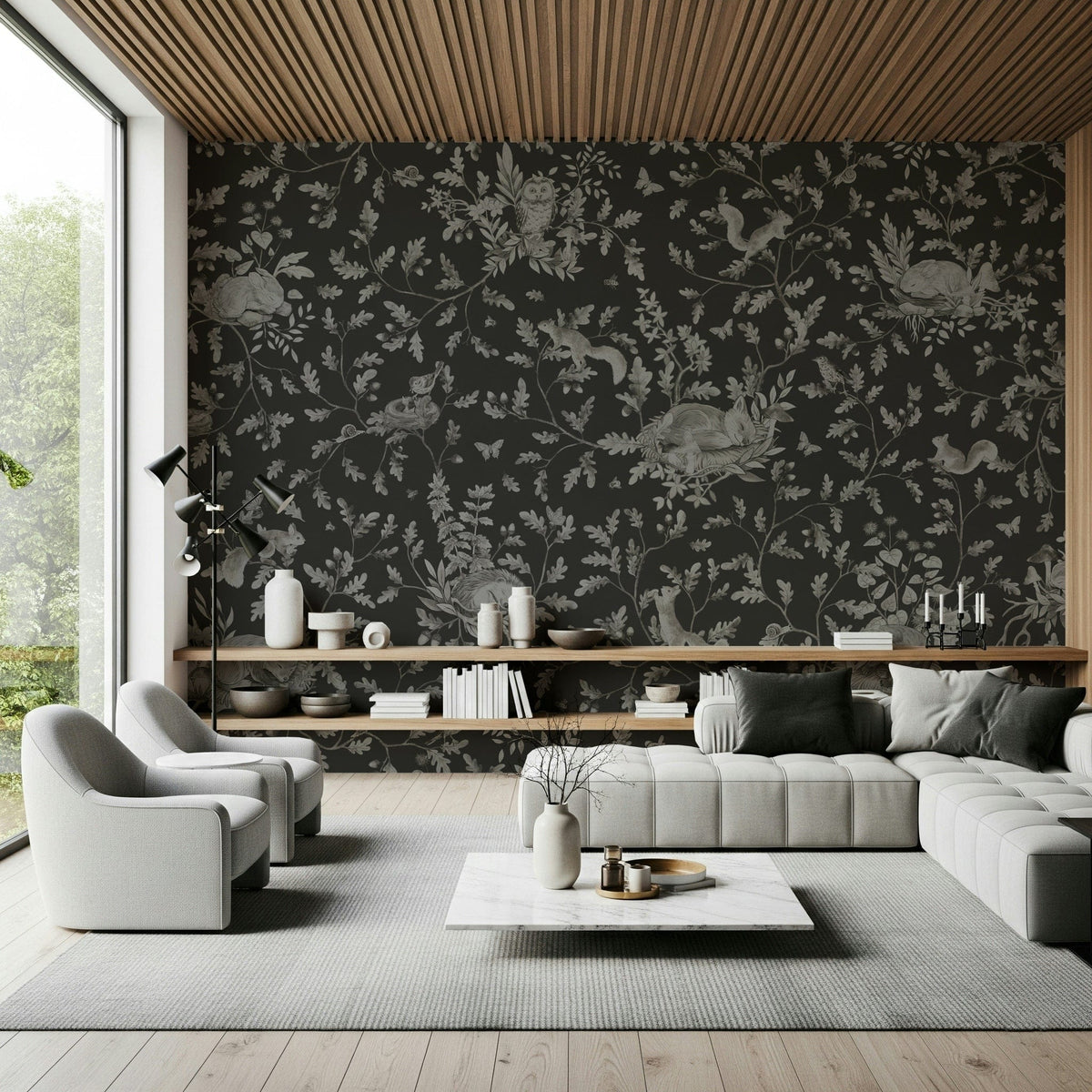 Atmospheric wall mural depicting a forest at dusk with gentle, moody tones.