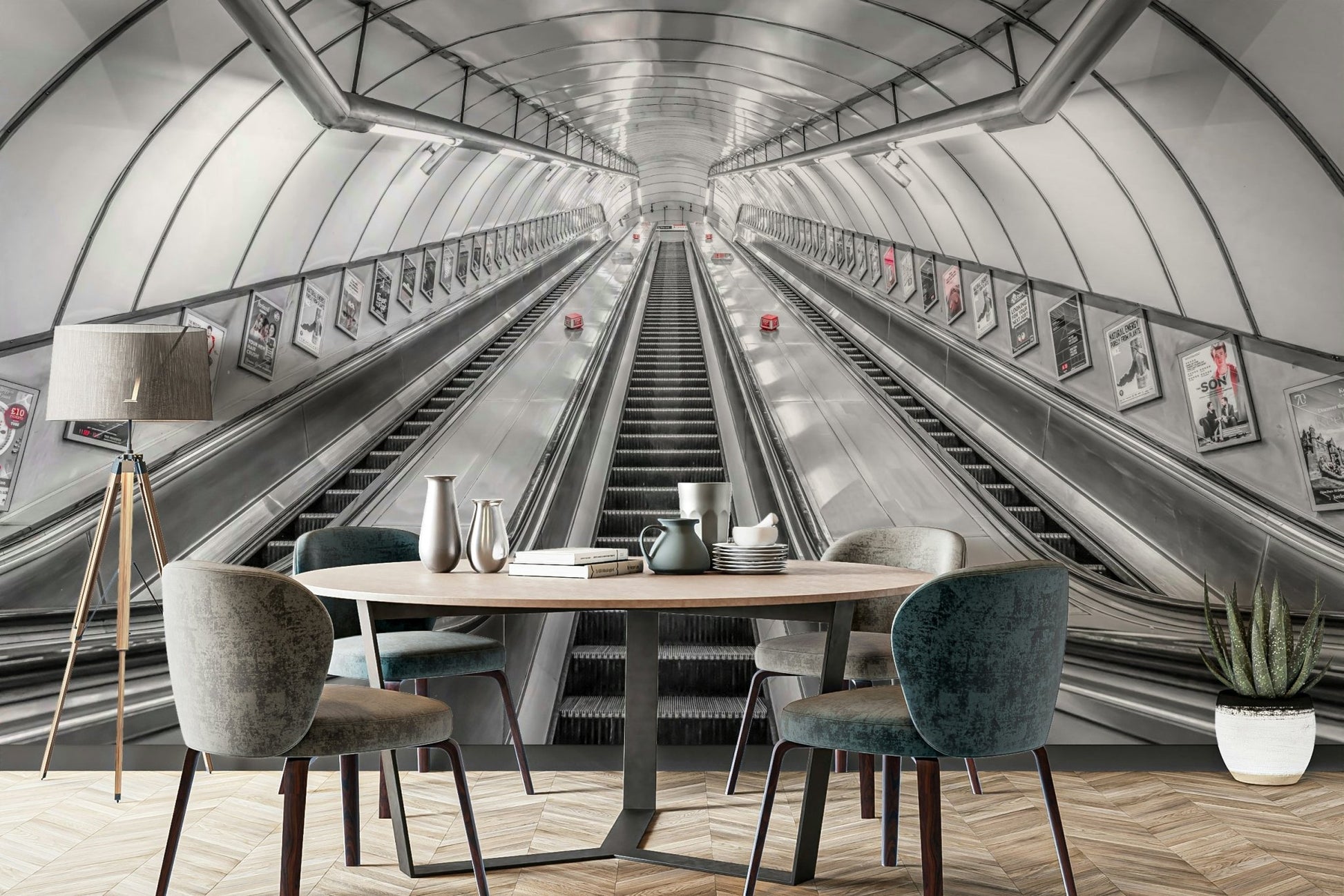 The mural gives a feeling of being in a cave or tunnel.

