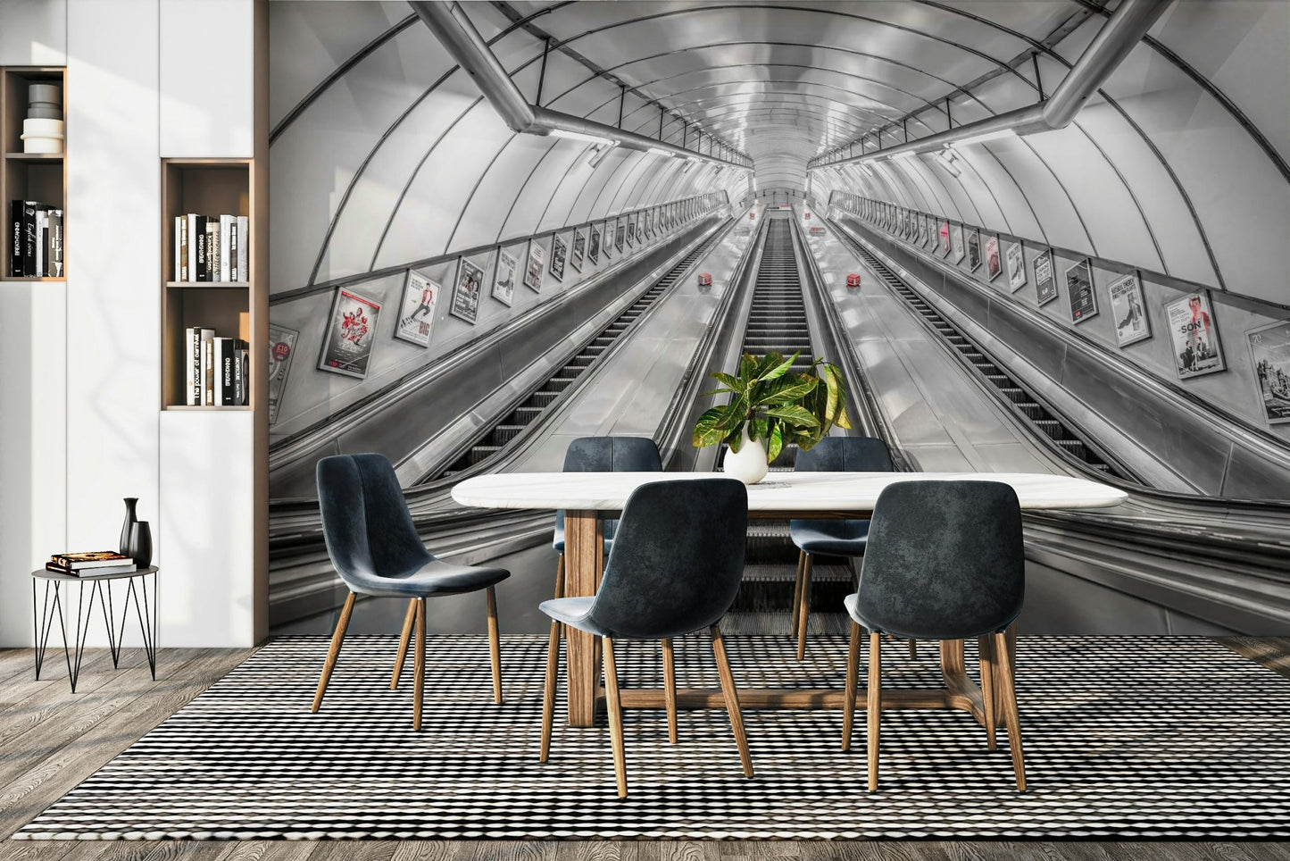 The colors are deep grays, blacks, and whites.

