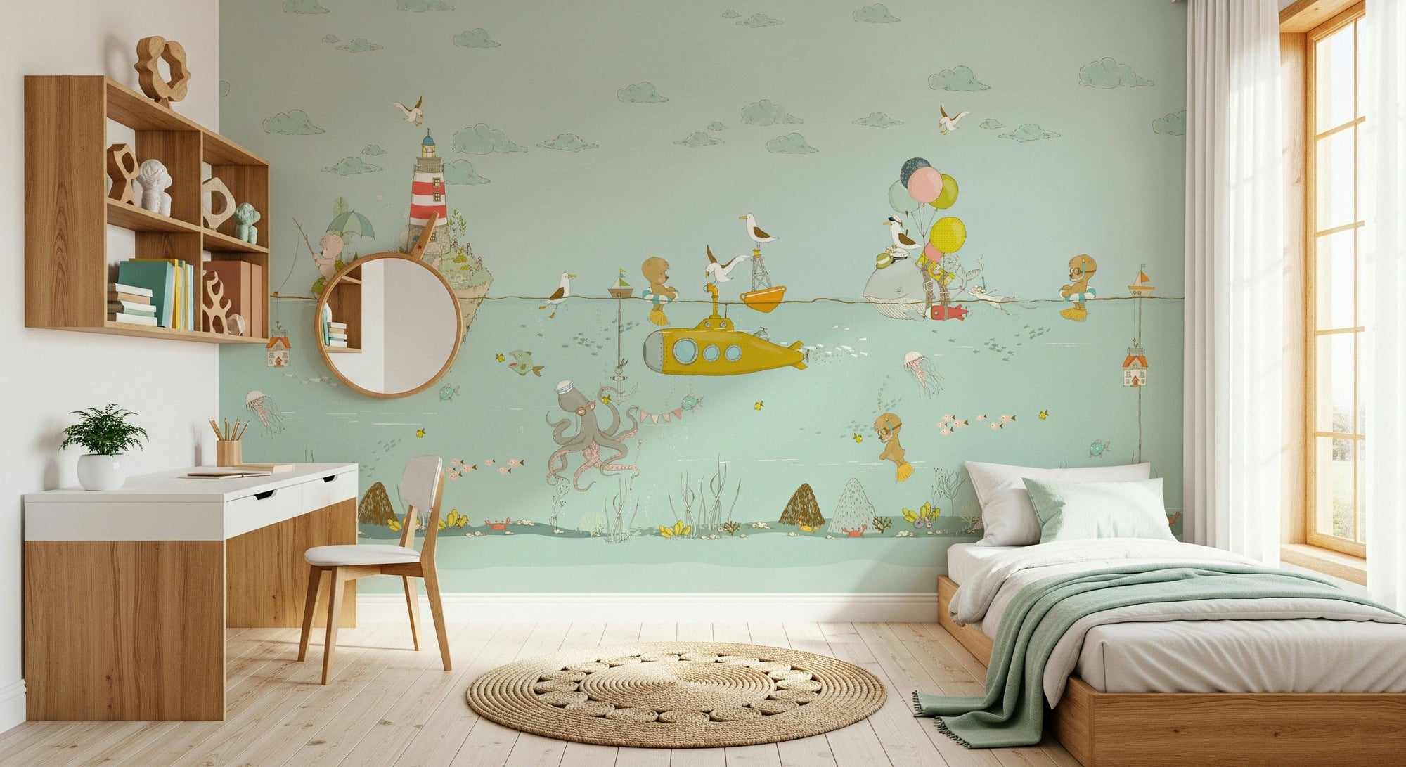 Underwater Whimsy wallpaper mural with a yellow submarine in a kids room with a wooden desk and mirror