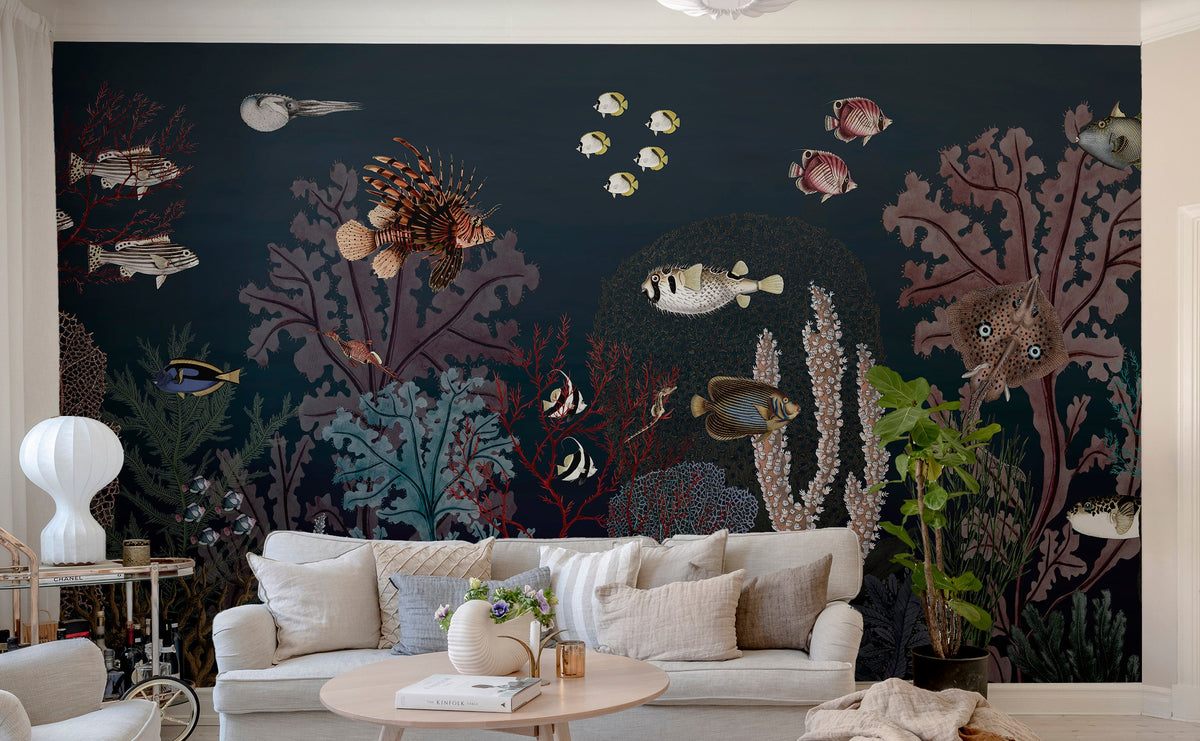 Underwater dark reef with fish wallpaper mural
